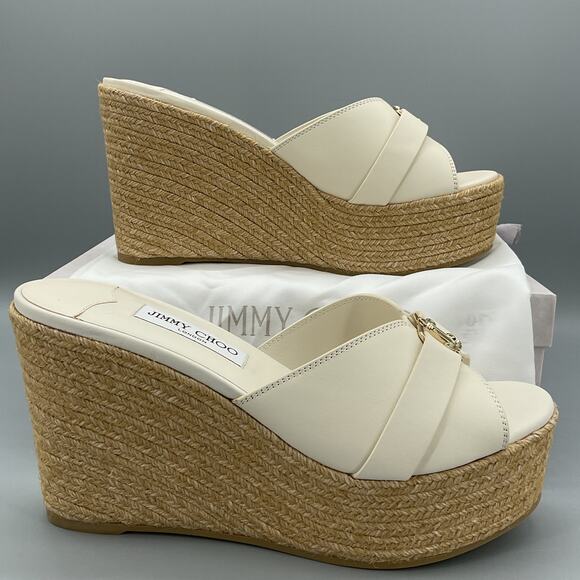 Jimmy Choo Shoes - NEW Jimmy Choo Women’s Leda Leather Espadrille Wedges Latte/Gold Size 10